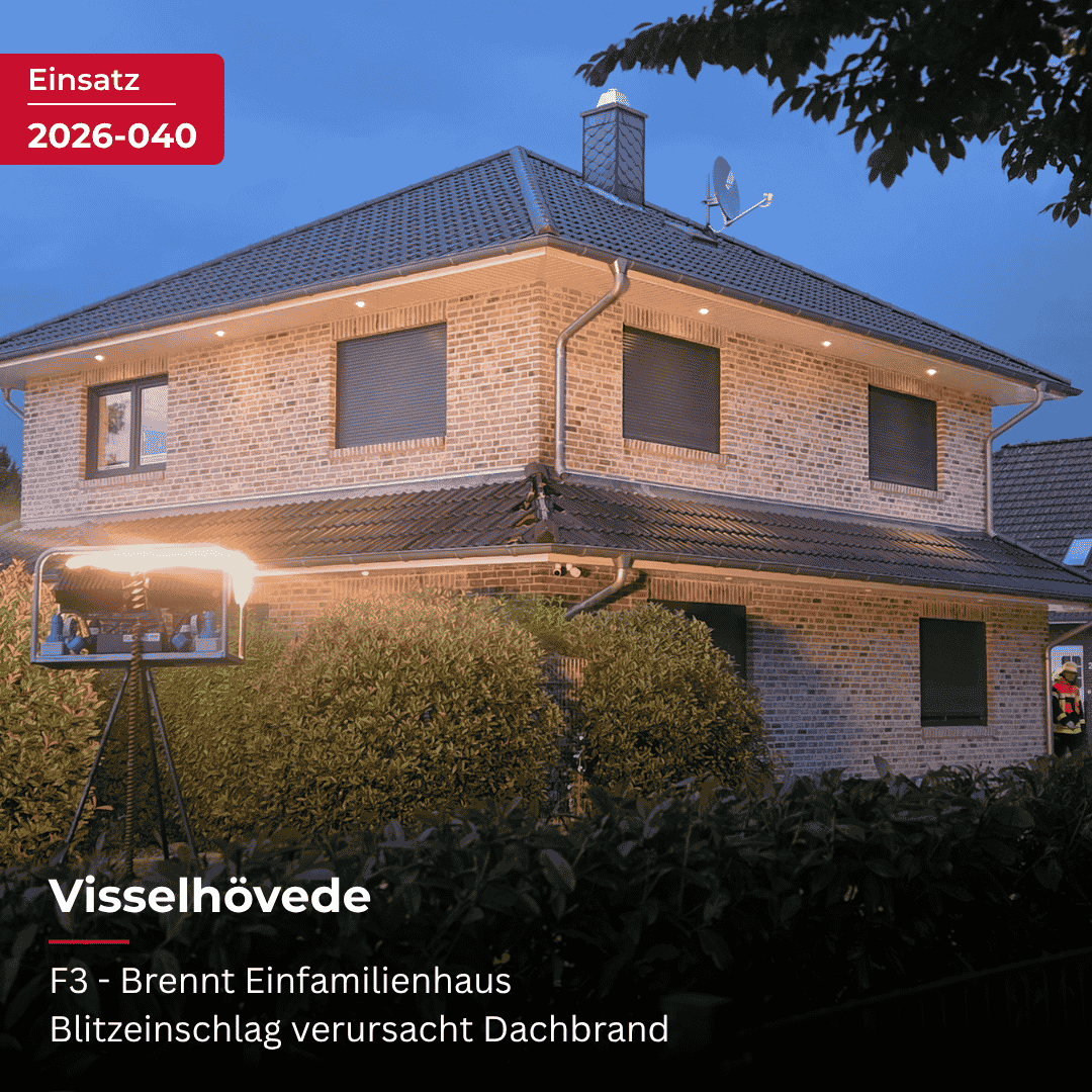 Mehr über den Artikel erfahren Blitzeinschlag verursacht Dachbrand in Visselhövede – Feuerwehr verhindert größere Schäden nach nächtlichem Unwettereinsatz